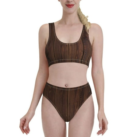Bixox Vintage Wood Pattern Two-Piece Sports Bikini with U-Shaped Top and High-Waist Bottom - Women s Swimwear with Removable Bra Pads