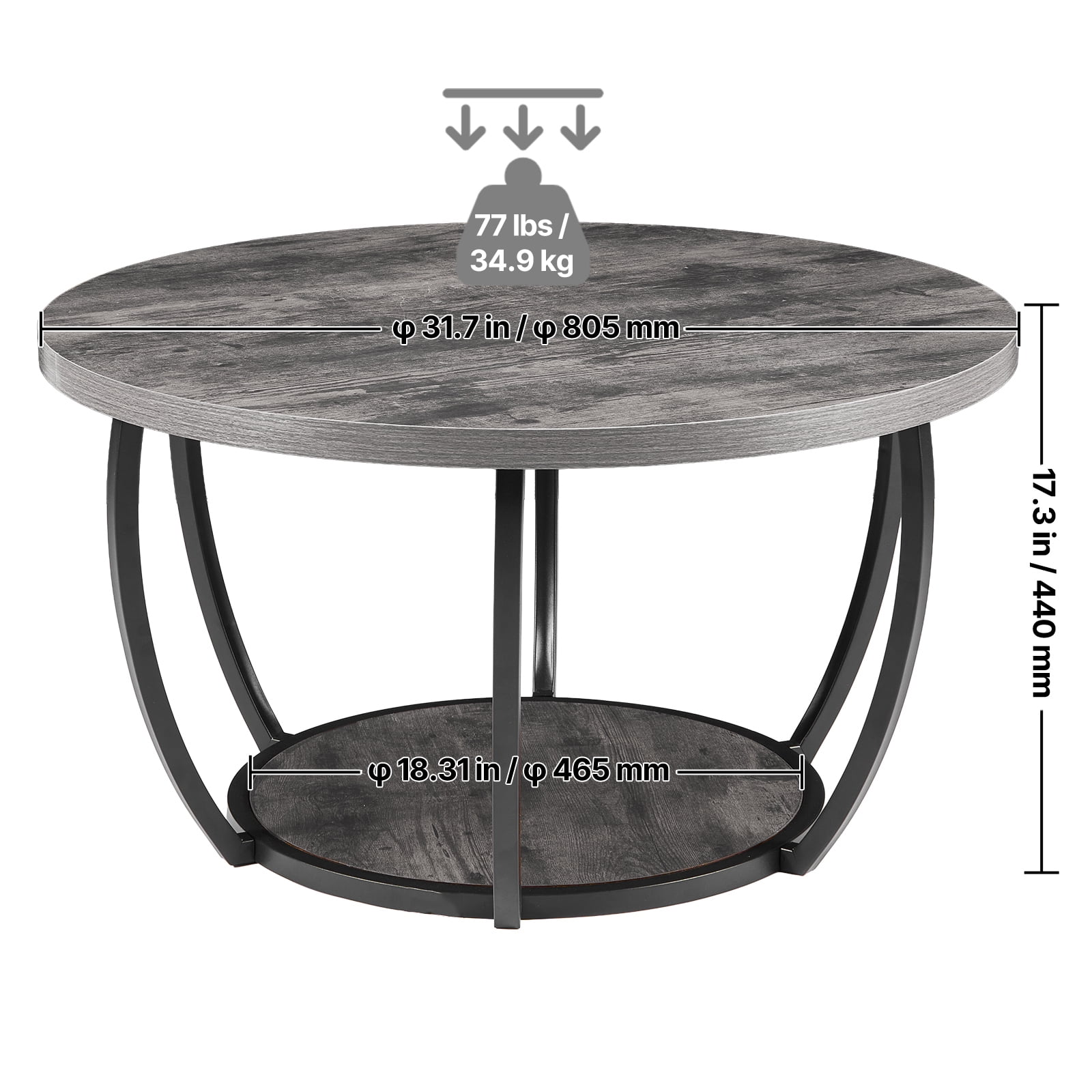 KFFKFF Round Coffee Table, Modern 2-Tier Wooden Center Table with Open Storage, Minimalist Design with Sturdy Metal Frame for Living Room or Office, Easy to Assemble, Grey