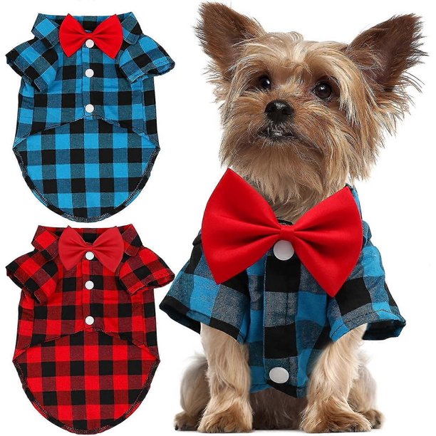 Camisa a cuadros Gindoor para cachorro (2 unidades): adorable conjunto de ropa y pajarita para perros pequeños, gatos, fiestas de cumpleaños y fotos navideñas.