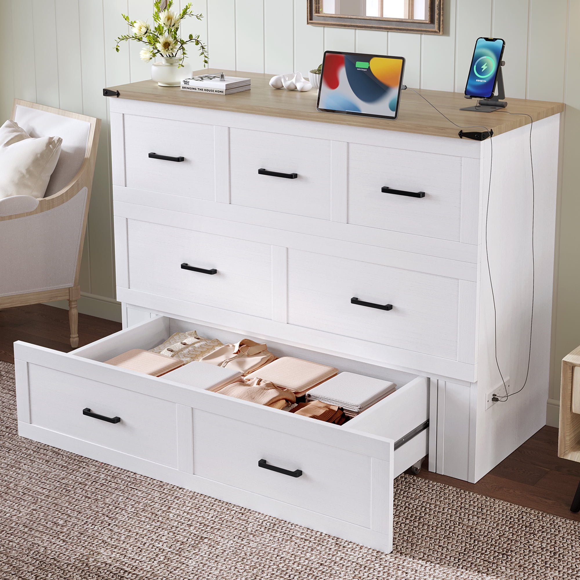 Yoneston Full Size Murphy Cabinet Bed with Storage Drawers & Charging Station, Foldable Platform Bed for Guest Room Bedroom Living Room, White
