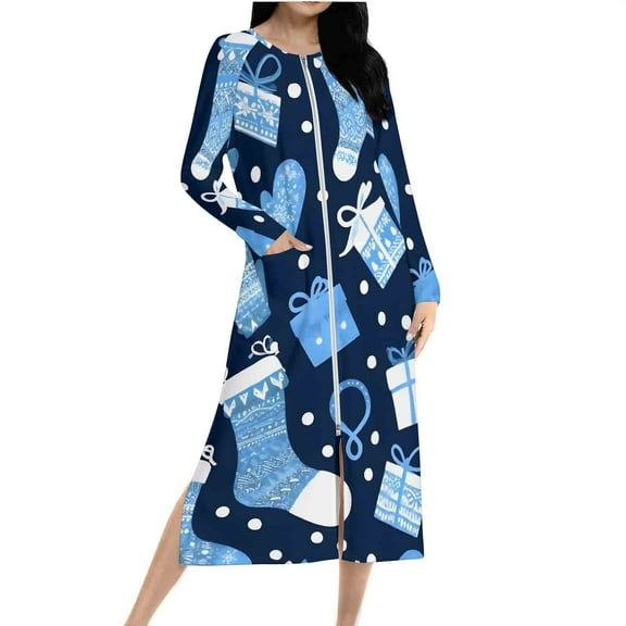 Christmas Long Pajama for Women Zip Up Housecoat Xmas Snowman Night Dress Long Sleeve Bathrobes with Pockets Comfy Loungewear Plus Size Nightgown Long Bathrobe for Spa