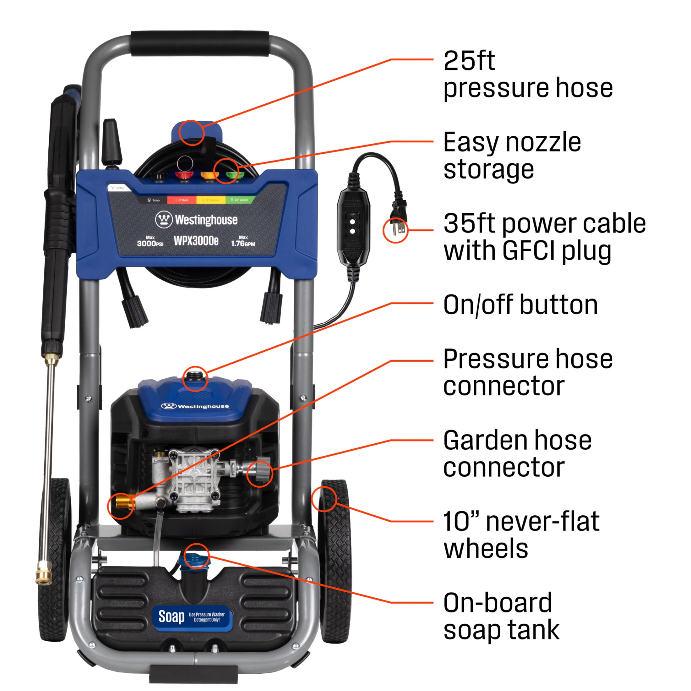 Westinghouse WPX3000e Heavy Duty 3000 Max PSI 1.76 Max GPM Cold Water Electric Pressure washer with 5 Spray Tips and Soap Tank