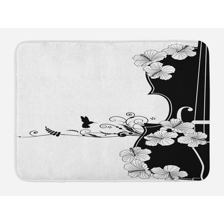- Art Nouveau Bath Mat, Flower Musical Composition with Bird Scrolled Lily Petals Nature Growth, Non-Slip Plush Mat Bathroom Kitchen Laundry Room Decor, 29.5 X 17.5 Inches, Black and White, Ambesonne