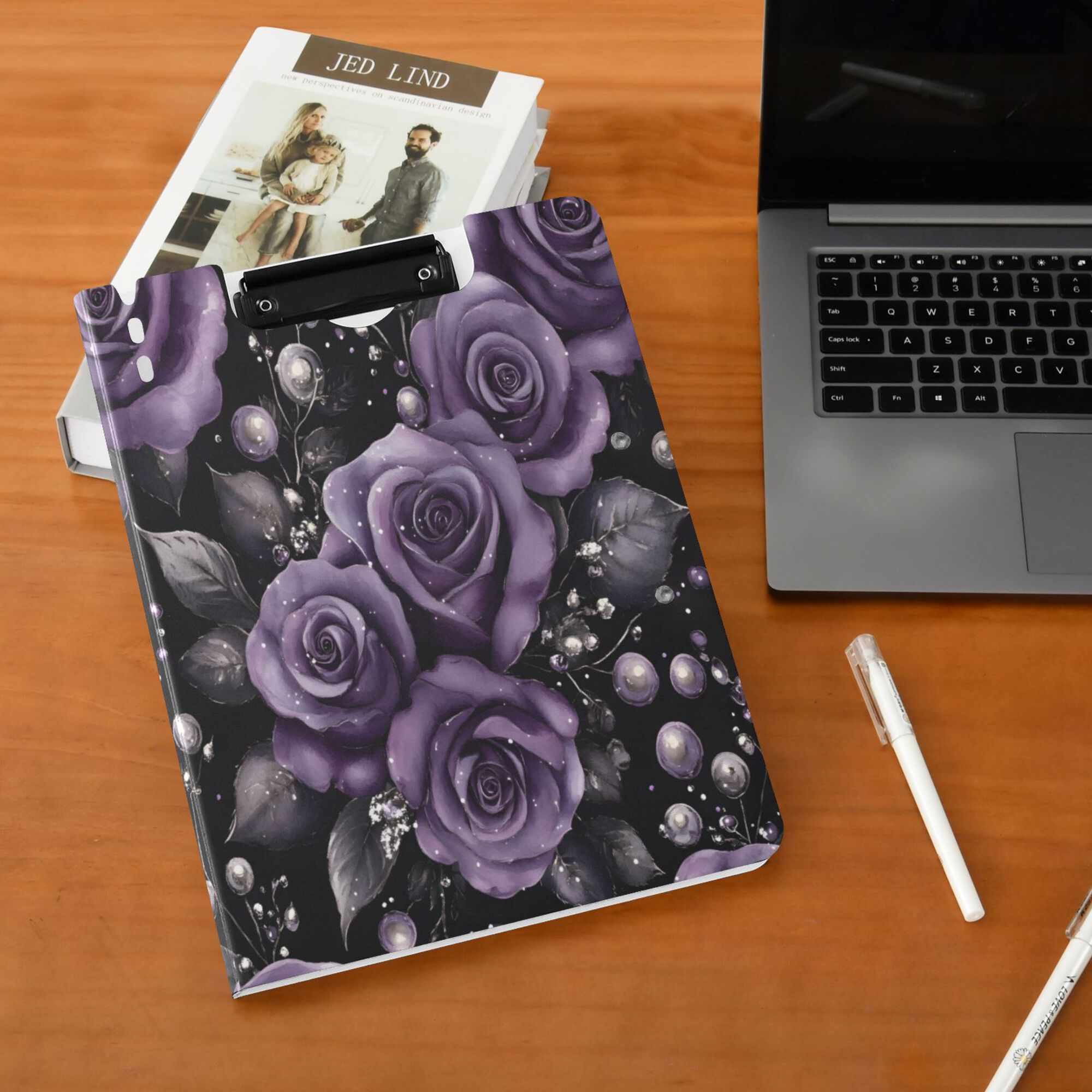 FORMRS A4 Clipboard Folder with Pen Holder Horizontal Foldable School Office Binder, Purple Roses