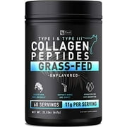 Pure Collagen Peptides Powder (11g | 60 Servings) Grass Fed Pasture-Raised Bovine Collagen Powder Hydrolyzed for Maximum Absorption ; Collagen Supplement for Joint Support, Hair Growth & Ski