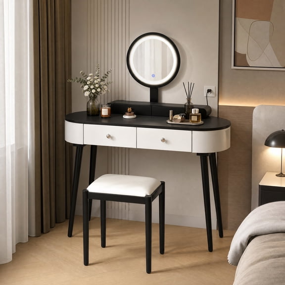 47 Inch Modern Makeup Vanity Desk Set with 3 Color Round LED Mirror, Dressing Table with 4 Storage Drawers & Padded Stool for Bedroom,White and Black