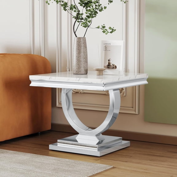 ModaWhly Marble Side Table, Modern Silver Square End Table with Faux Marble Top and Mirror Finish Stainless Steel Base, Sofa Table for Living Room, Bedroom, Office