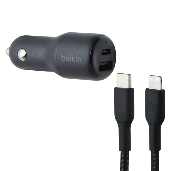 Belkin BoostCharge 42W Dual USB-A/USB-C Car Charger w/ USB-C/8-pin Cable - Black