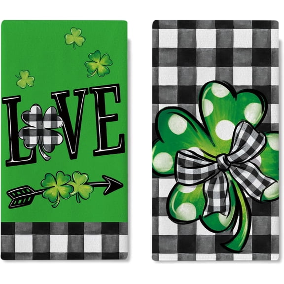 St Patricks Day Love Kitchen Dish Towels Set of 2, Lucky Shamrock Clover Buffalo Plaid Bow Drying Hand Towel Baking Cooking Cloth, Irish Spring Arrow Bathroom Home Decoration 18'' x 26''