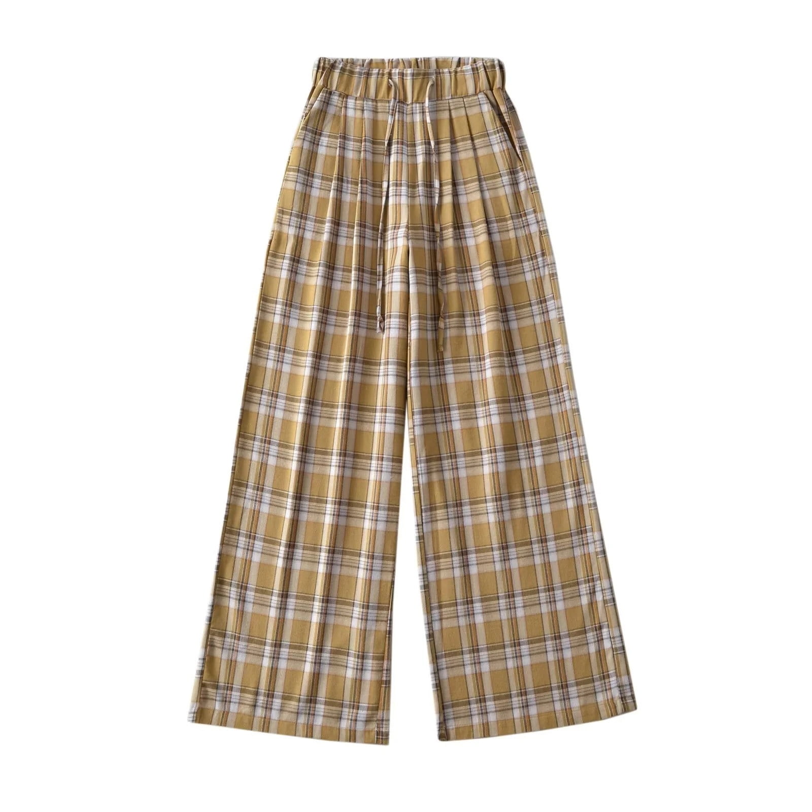 Bowake Women's Plaid Pants Elastic Waist Casual Wide Leg Pants