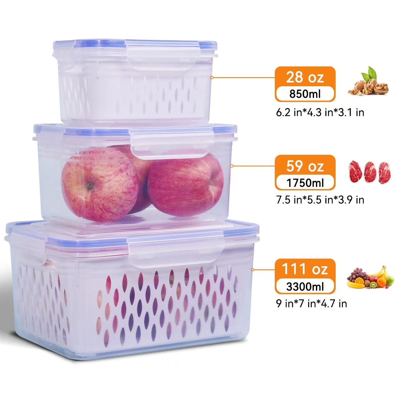 Fukushima Fruit Storage Containers for Fridge, 3 Pack Food Saver with Airtight Lid & Colander for Salad Berry Lettuce Vegetable Storage, Refrigerator Organizer