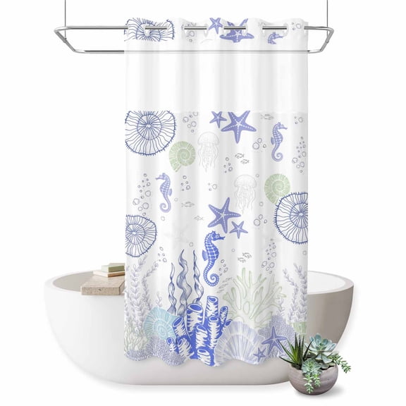 No Hook Shower Curtain, Coastal Purple Shower Curtains for Bathroom with See Through Top Window, Ocean Coral Starfish Jellyfish Seahorse Waterproof & Washable Bath Curtain Small Stall 36"x78"
