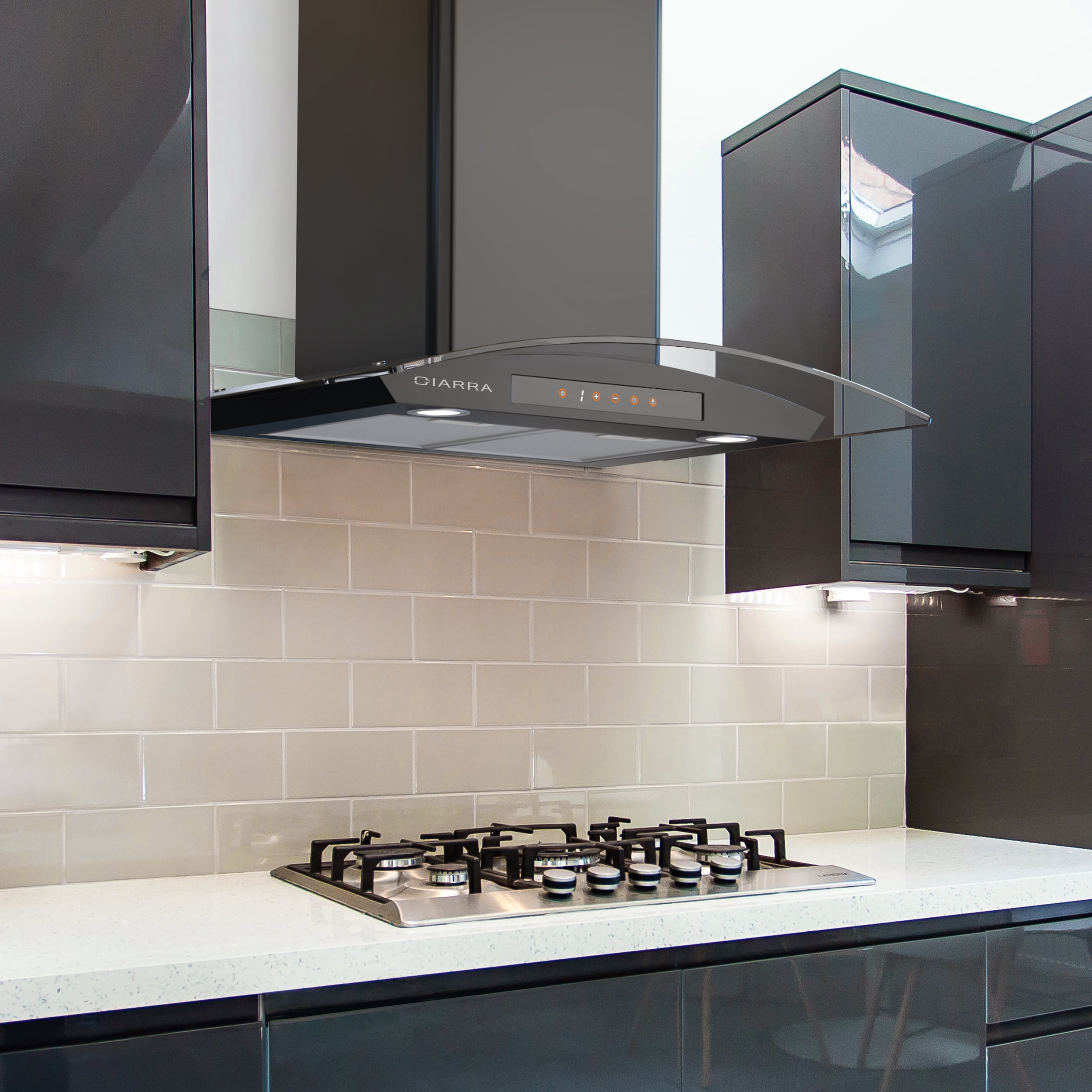 CIARRA Wall Mount Range Hood 30 inch Tempered Glass Black Vent Hood with Carbon Filter Kit for Recirculating CAB50275-003