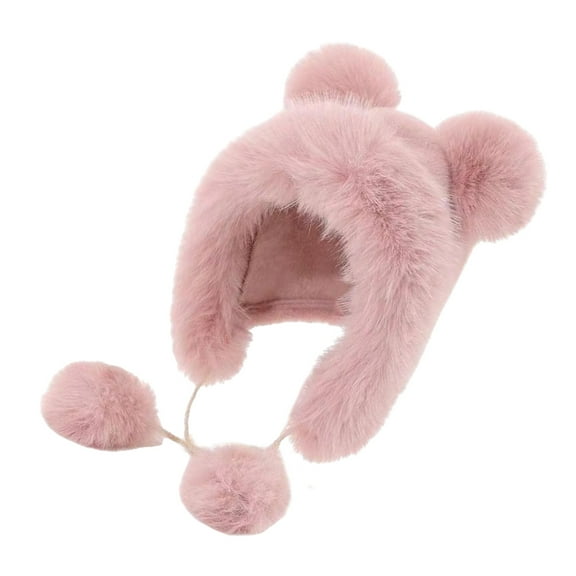 Versatile White Bear Hat with Ear Furry Caps Cartoon Ear Hat with Pompoms Winter Plush Hat for Casual Wear