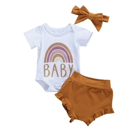 

Newborn Infant Baby Girls Boys Clothes Sets 3pcs Rainbow Print Short Sleeve Romper+Shorts Headband