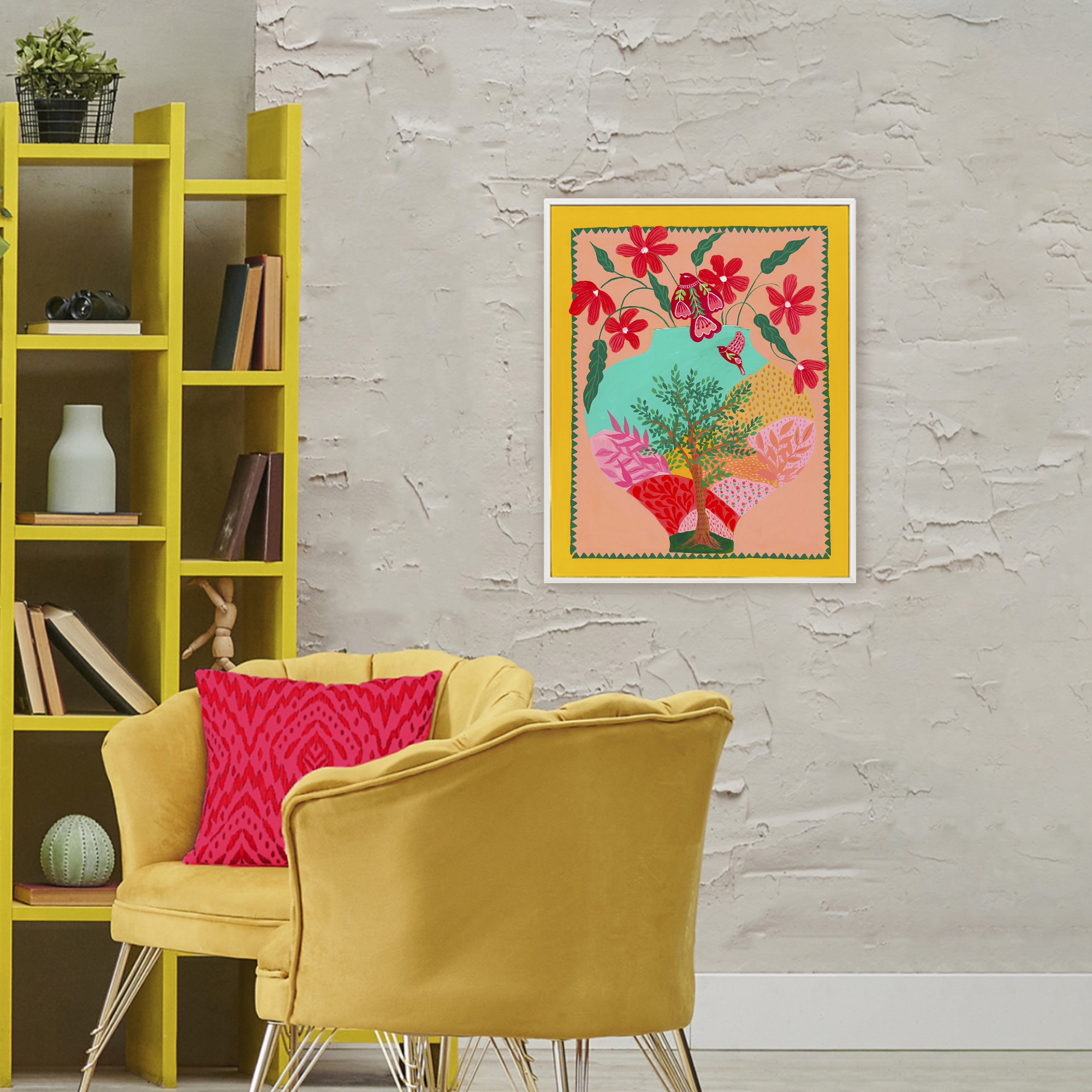 Folk Patterned Hope Vase White Framed Giclee Art, design by Nabeela Rumi