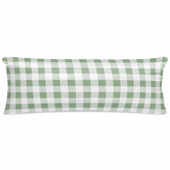 Sage Green Checkered Satin Pillowcase for Hair and Skin with Zipper, Soft Breathable Cooling Silk Pillow Cases, Green White Buffalo Plaid Body Pillow Covers Bed Pillows 20"x54"