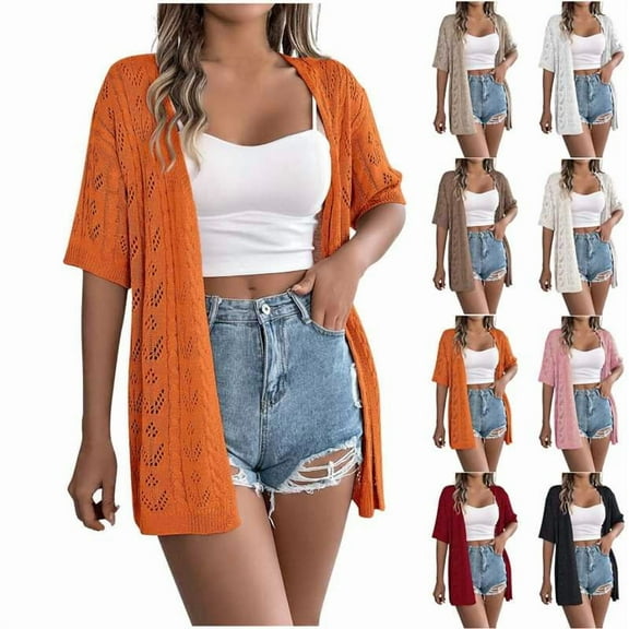 Horkkom Cardigan Sweaters for Women Summer Knit Hollow out Short Sleeve Cardigans Casual Solid Color Long Lightweight Cardigans, Gifts for Women L