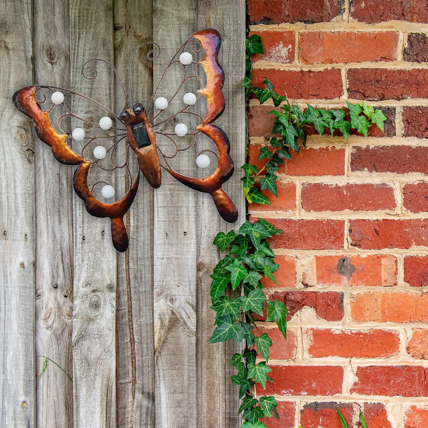 BVLFOOK Metal Butterfly Solar Lighted Wall Art Décor, Outdoor Butterfly Garden Décor, Butterfly Yard Art Butterfly Sculpture Lamp for Fence Patio C5
