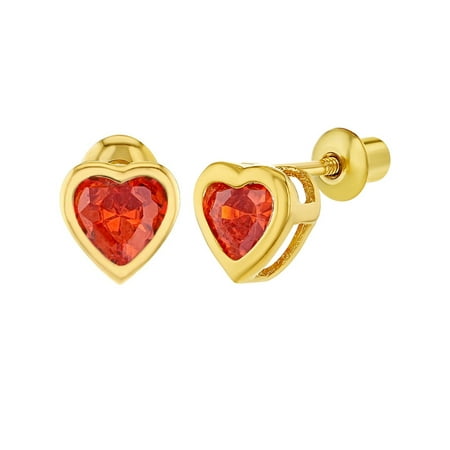 18k Gold Plated CZ Heart Bezel Screw Back Toddler Girls Kids Earrings 5mm