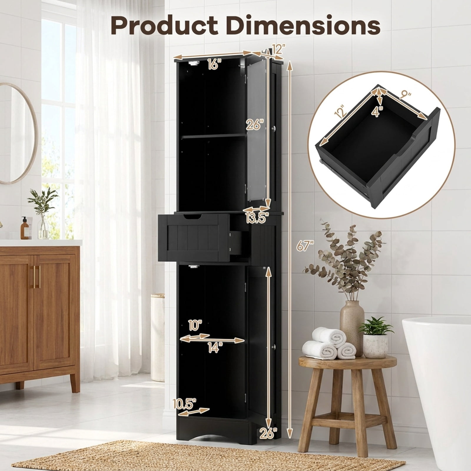 Vebreda Freestanding Bathroom Storage Cabinet, Tall Floor Storage Cabinet with 2 Doors and 1 Drawer for Bathroom, Fit Anywhere You Need