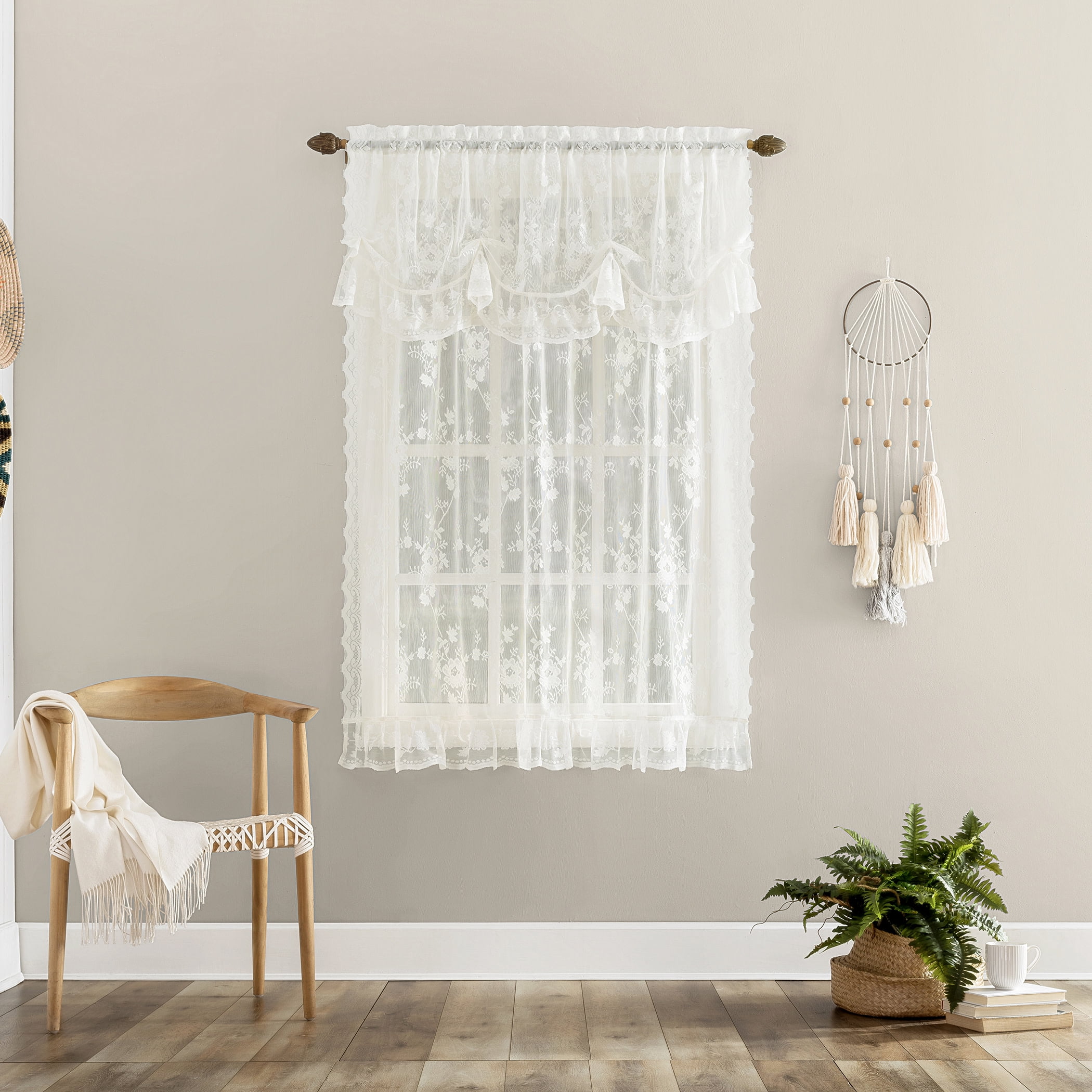 No. 918 Alison Floral Lace  Sheer Tie-up Shade, 1-Piece Rod Pocket Indoor Window Shade, 58”x64", Ivory