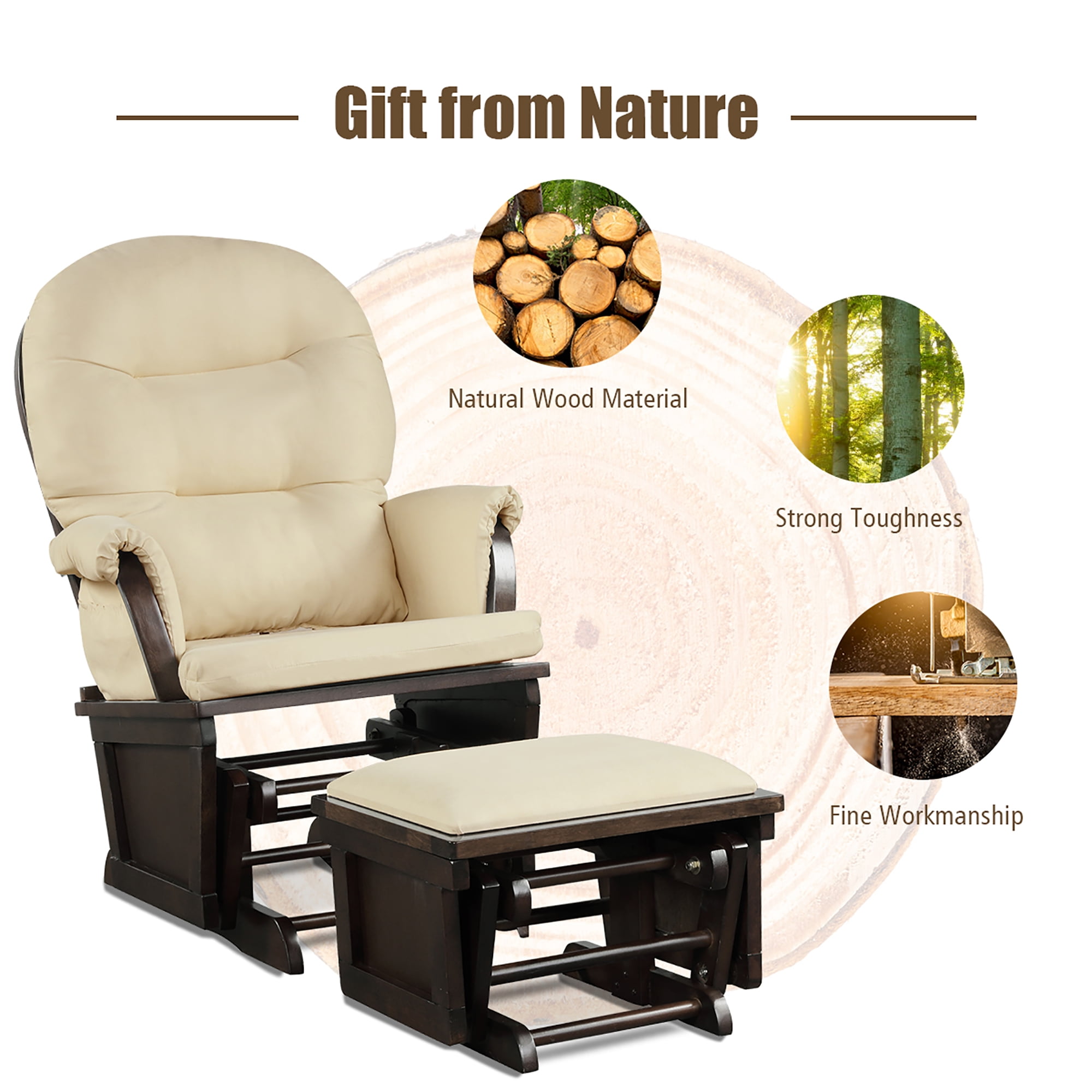 Costway Baby Nursery Relax  Rocker Rocking Chair Glider & Ottoman Set w/Cushion Beige