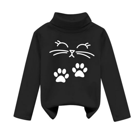 GUNIA Girls Long Sleeve Shirts Casual Cat Graphic Turtleneck Basic Kids Spring Fall Tops Toddler Tees Black 18-24 Months