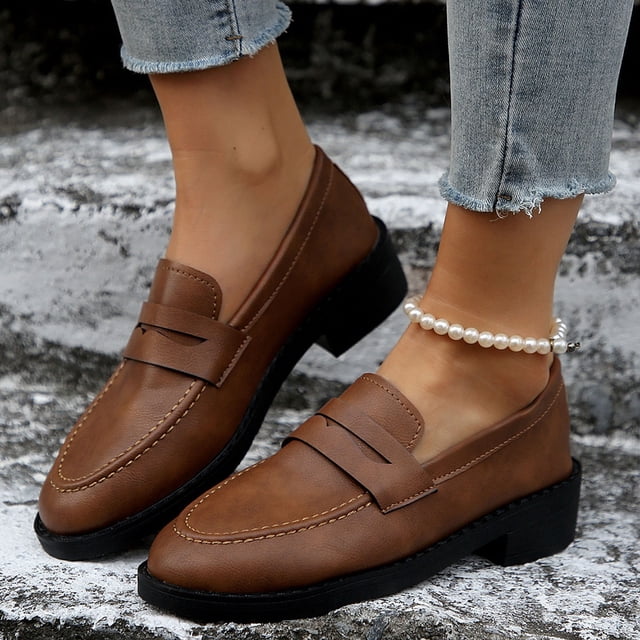 PPgejGEK Mocassins Mode Décontractée Printemps et Été Confortables Style Britannique Bout Rond Talon Bas en Cuir Marron 7