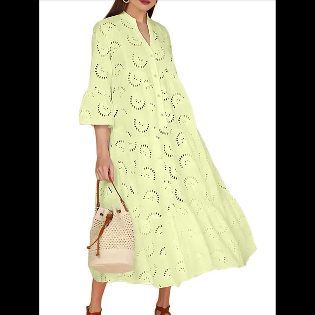 Vestido Bohemio con Cuello en V, Mangas Acampanadas y Bordado de Encaje para Mujer (2025) Amarillo XL