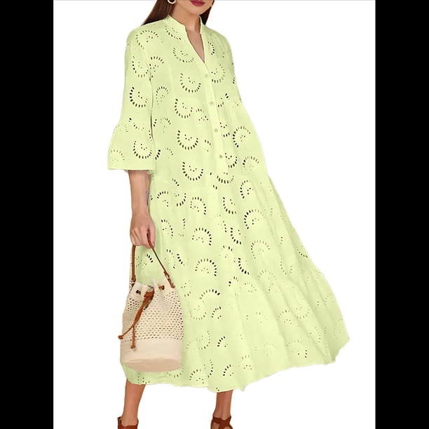 Vestido Bohemio con Cuello en V, Mangas Acampanadas y Bordado de Encaje para Mujer (2025) Amarillo XL