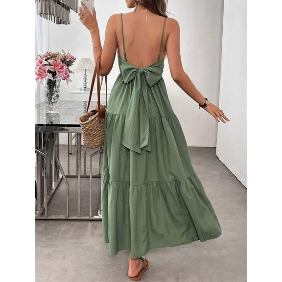 L Sage Green Off-Shoulder Maxi Dress With Back Bow Tie And Tiered Ruffle Skirt