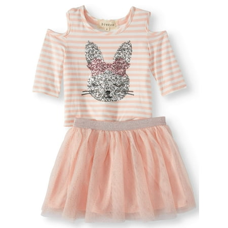 Btween Sequin Bunny Cold Shoulder Tee and Mesh Tutu Skirt, 2-Piece Outfit Set (Little Girls & Big Girls)