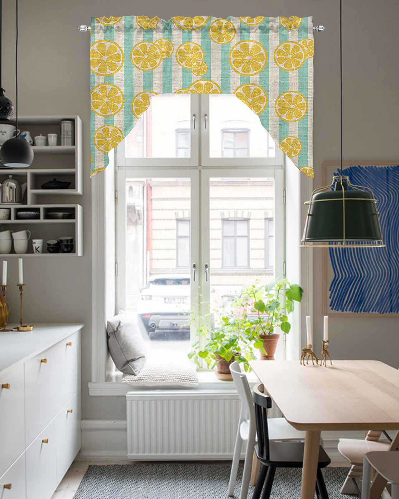 Yellow Lemon Swag Valance and Tier Curtains Set Teal Stripes Linen Background Kitchen Curtains 3 Piece Set Rod Pocket Panels for Bedroom Cafe 56x36 inch