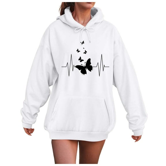 TTUHYWXI Cute Butterfly Graphic Kawaii Sweatshirt for Women Oversized Warm Hoodie Tops with Pocket Pullover (White, 3XL)