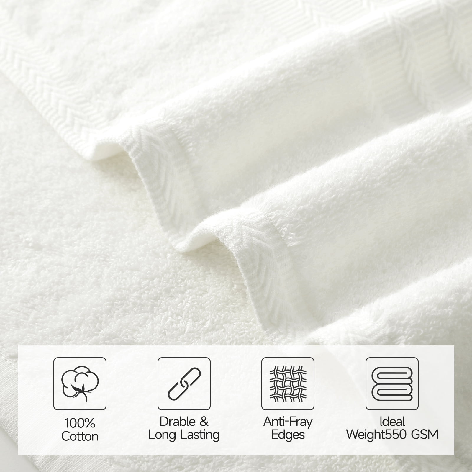 REDKISS 8-Piece 100% Cotton Towel Set, 600GSM Luxury White Bath Towels. Quick Dry Hand Towels & Washcloths