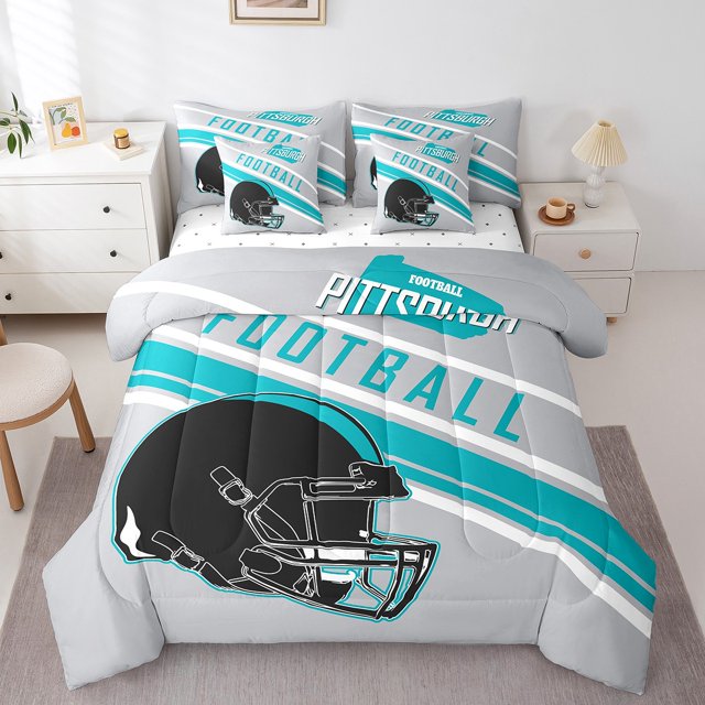 Erosebridal Literie de Football Américain Format Grand Lit 7 Pcs pour Garçons Filles, Réversible, Gris, Pittsburgh