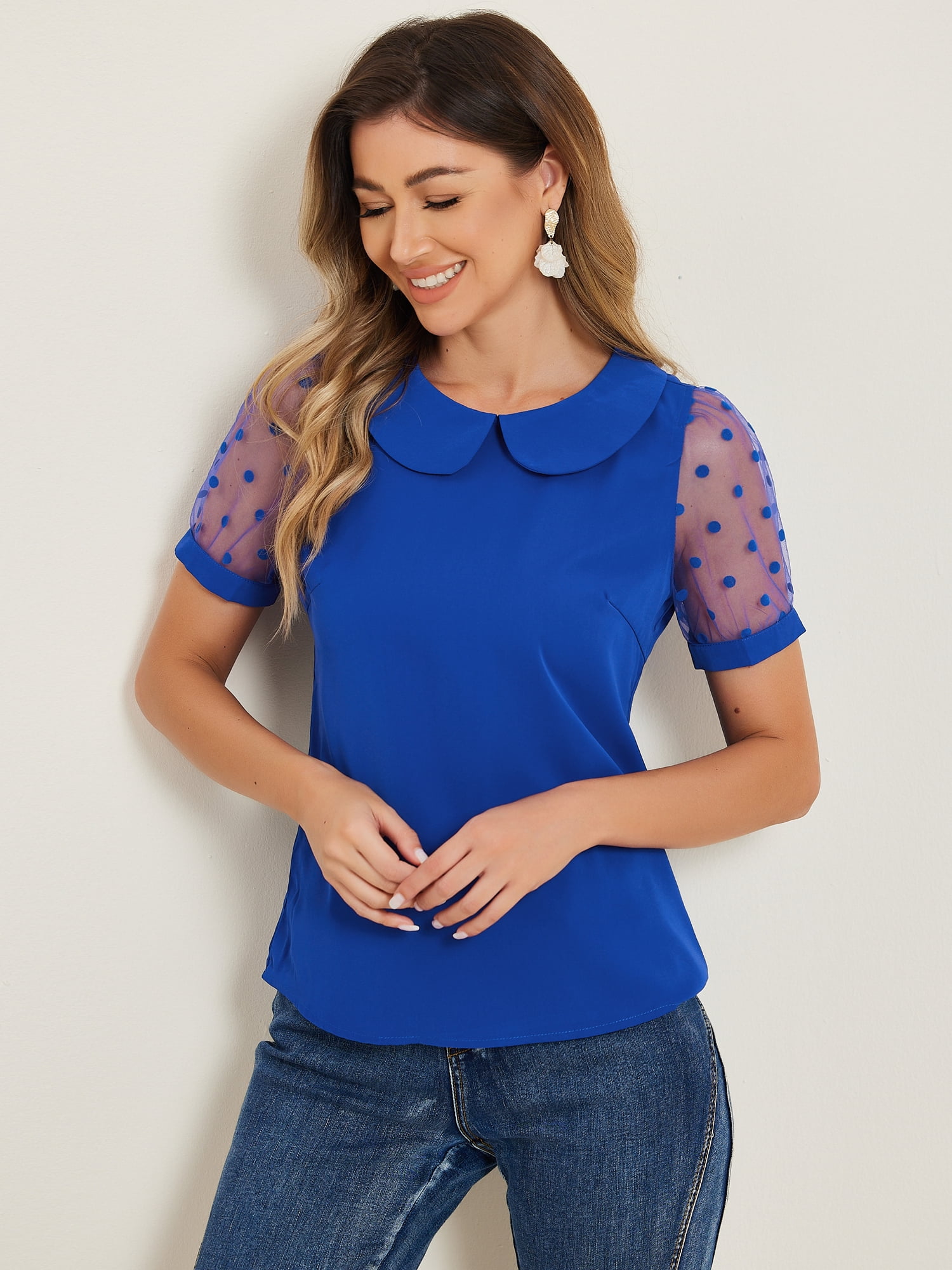 DARING DIVA Women's Polka Dots Mesh Peter Pan Collar Blouse XL Royal Blue