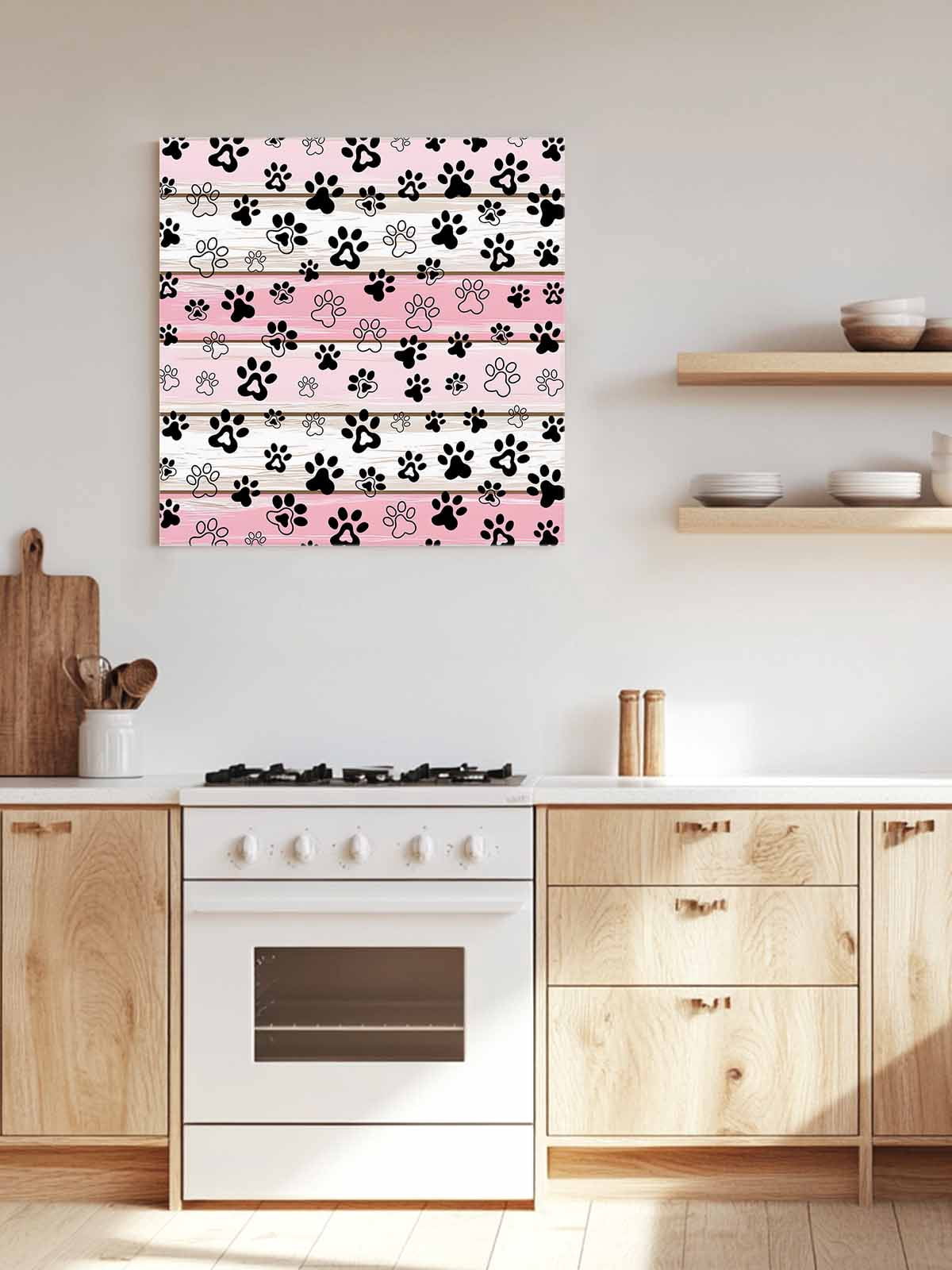 Dog Paw Canvas Wall Art, Pink Wood Grain Farmhouse Vintage Board Framed Wall Decor Modern Artwork Prints Painting for Living Room, Bedroom, Kitchen & Cafe Decor 16x16 Inch