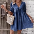 thumbnail image 2 of Htigea Women's Babydoll Short Dresses Summer V Neck Tie Front Mini Dress Flowy Puff Sleeve A-Line Dresses for Casual & Daily Blue M, 2 of 7