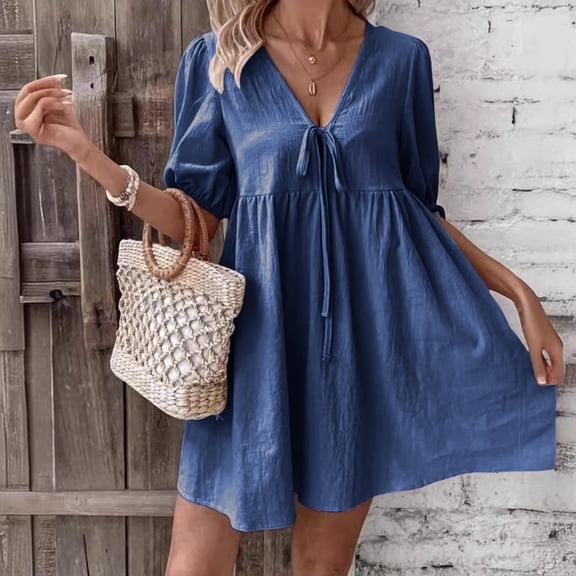 TaTaai Women Short Sleeve Drawstring Solid Color Dress Casual Loose Fit Breathable Soft Machine Washable No Fading Versatile Daily Office Street Casual Wear Midi Dress Gift