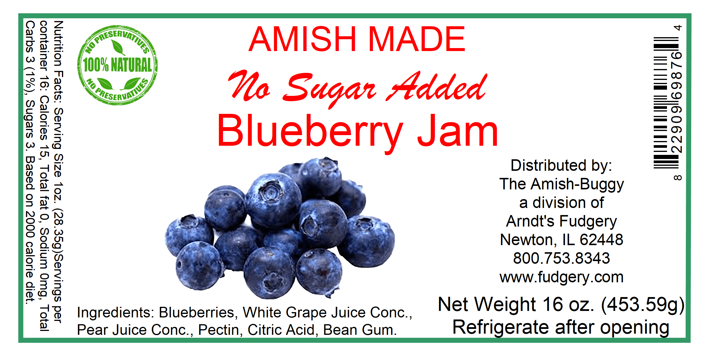 Amish Jam - No Sugar Added - 16 Oz Jar (Blueberry)
