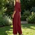 thumbnail image 5 of Women's Solid Color Cotton Linen Jumpsuits Tighten Waist Zipper V Neck Wide Leg One Piece Jumpsuit Loose Flowy Three Quarter Sleeve Rompers with Pockets, 5 of 7