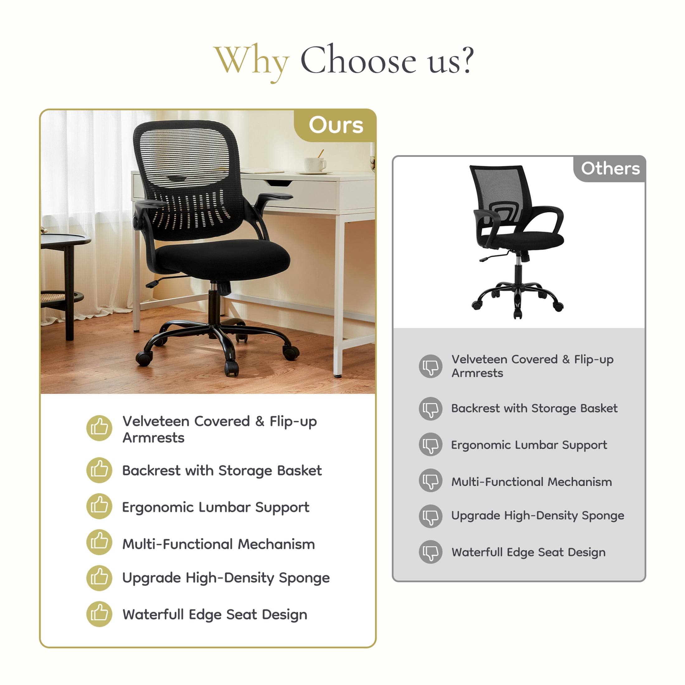 CONCETTA Ergonomic Mesh Office Desk Chair, Adjustable and Flip-up Armrest for Adults, Black