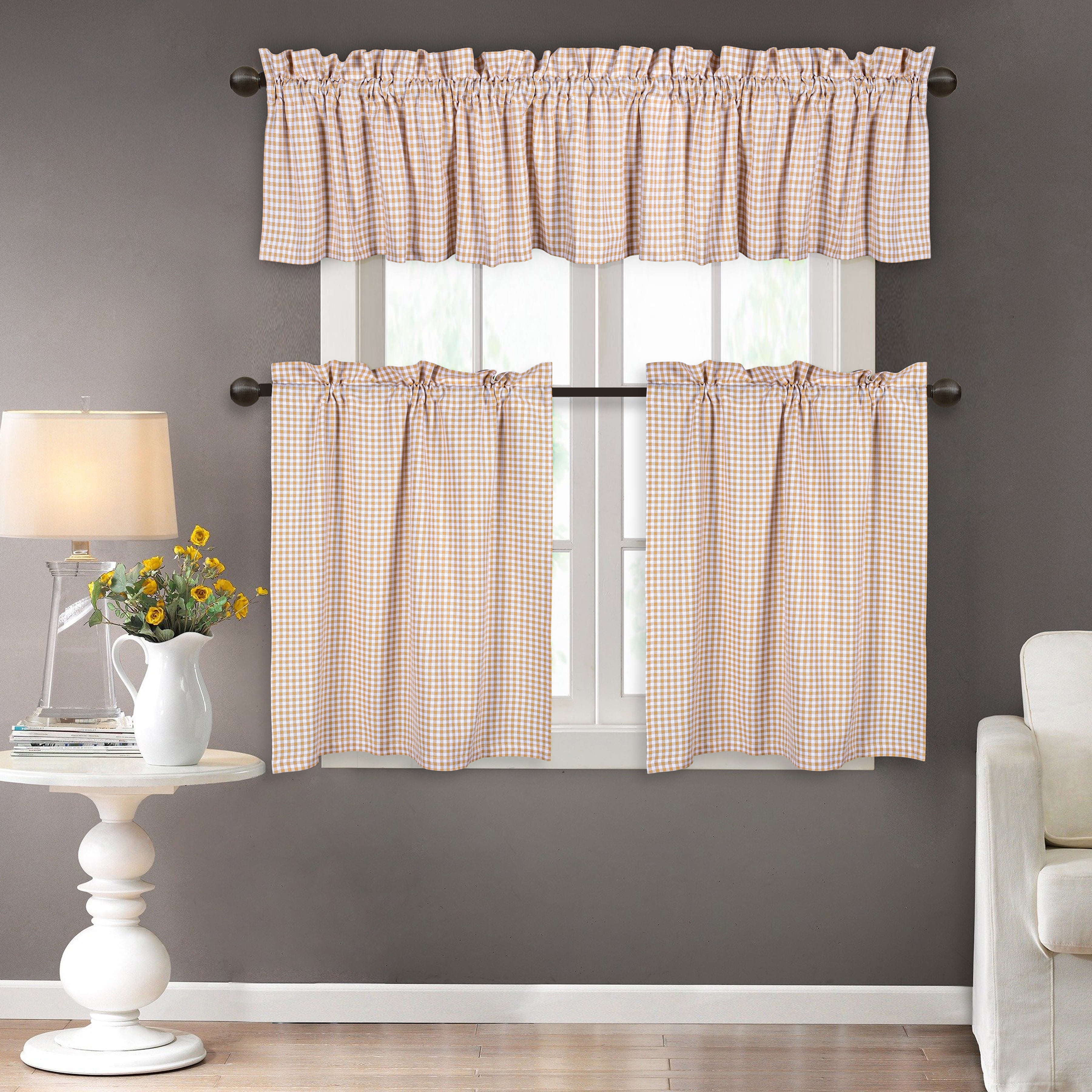 Native Fab 3 Pieces Window Curtain Tiers and Valance Set - Farmhouse Vintage Kitchen Tiers and Valance Set Rod Pocket - Beige White