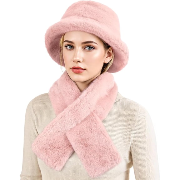 Bucket Hat Scarf Set for Women, Faux Fur Winter Hats for Women, Thick Neck Warmer Collar Scarf for Women