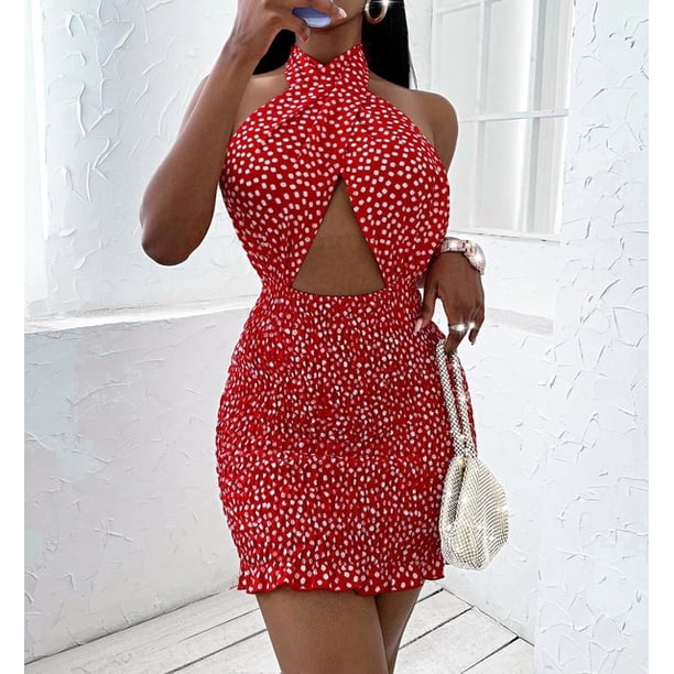 wsevypo Backless Tie Up Short Wrap Bodycon Sundress Women Sexy Cross Halter Mini Sheath Dress Party Ladies Cutout Front DressXL Gao Jinjia LED
