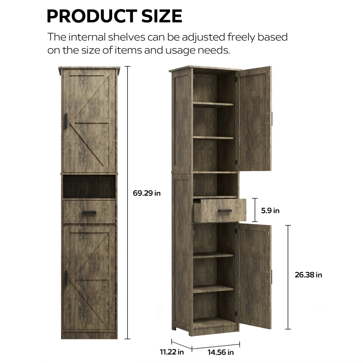 69" H Tall Bathroom Storage Cabinet with 2 Barn Doors and 1 Drawer, Narrow Storage Unit with Adjustable Shelves, Floor Cabinet for Bathroom Living Room Entryway, Gray