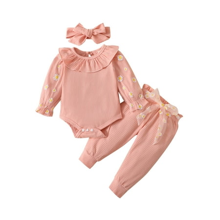 

jaweiwi 3Pcs Baby Girls Fall Spring Outfit Set Daisy Print Long Sleeve Romper + Belted Pants + Headband Set for Toddlers Size 0 6 9 12 18 Months