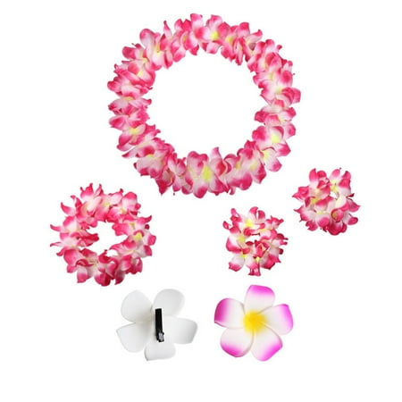 5PCS Hawaiian Luau Leis Party Decorations Supplies - Tropical Tiki Flowers Necklaces Bracelets Bulk Summer Pool Decor Favors Ornaments